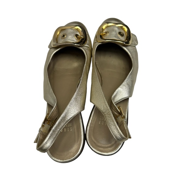 Stuart Weitzman Gold Leather Slingback Flats Buckle Size 7 1/2 - Picture 5 of 7